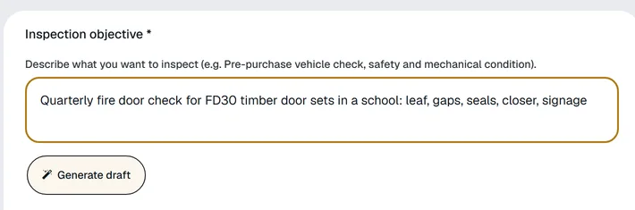 Generate with AI: the inspection objective, a quarterly fire door check, and the Generate draft button.