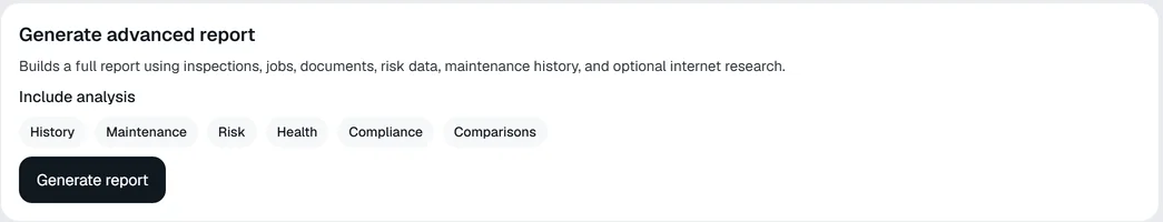 Generate advanced report: history, maintenance, risk, health, comparisons.