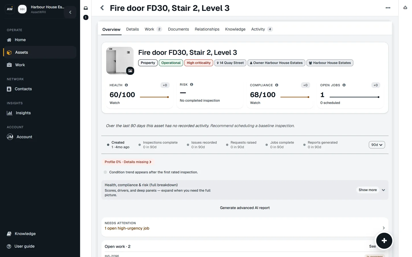 Asset record for Fire door FD30, Stair 2, Level 3: health, risk and compliance tiles, open work and history.