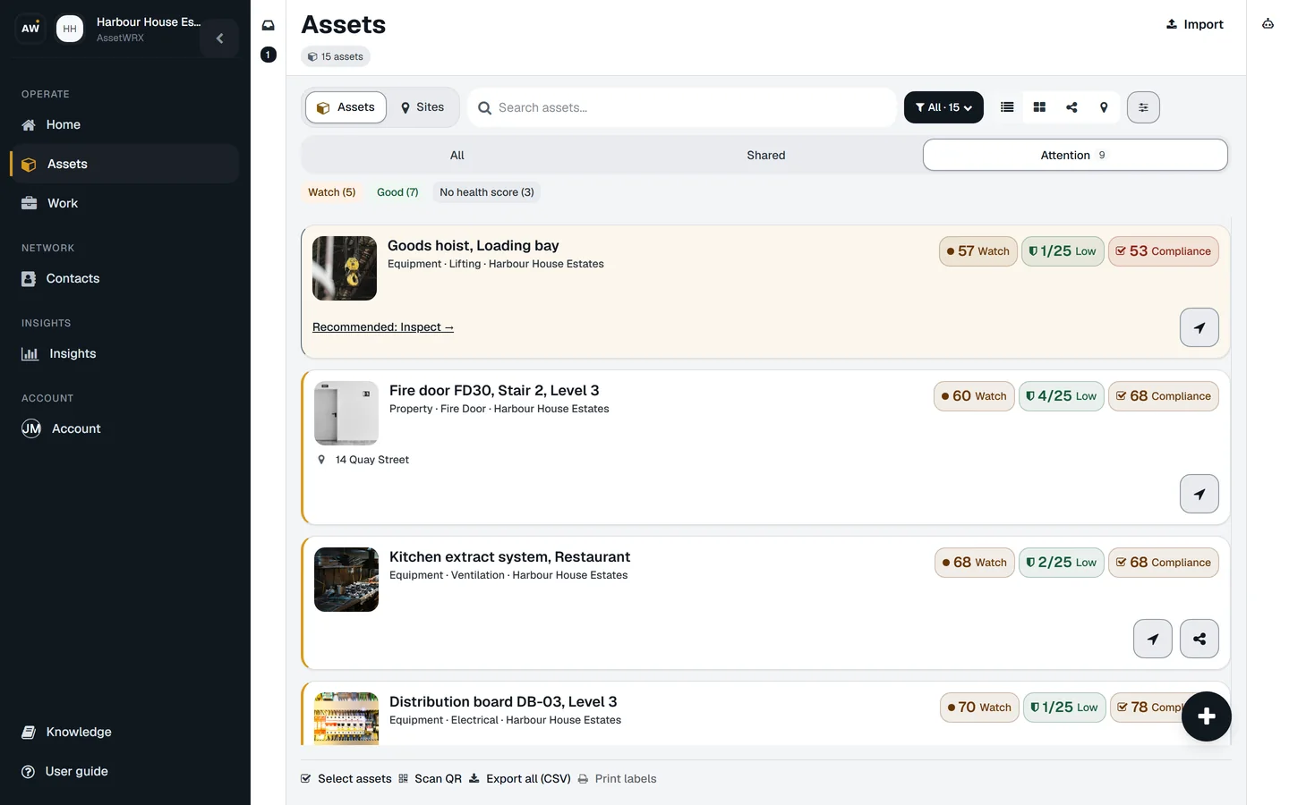 The asset list with watch, risk and compliance chips per asset.