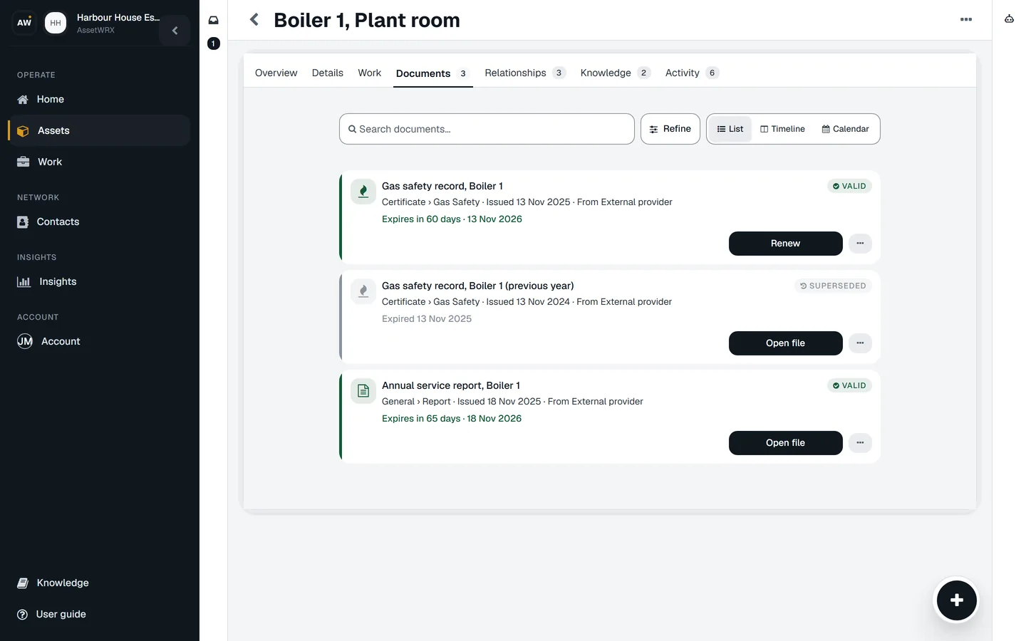 The Documents tab on Boiler 1: this year’s gas safety record, valid, with a Renew button; last year’s, superseded; and the annual service report.