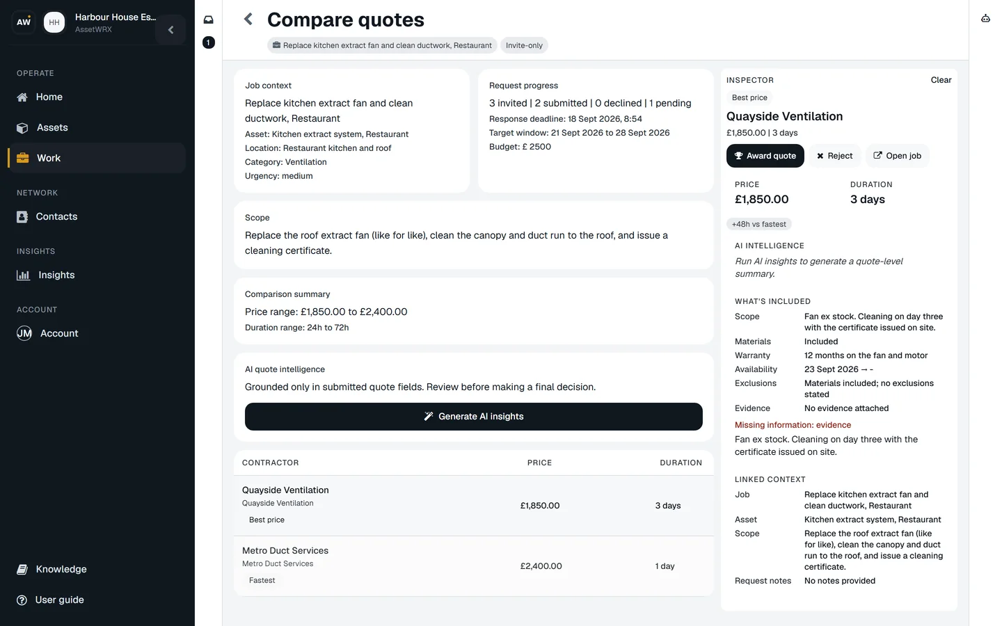 Compare quotes for the kitchen extract job: three invited, two submitted, one pending; Quayside Ventilation at £1,850 in 3 days marked Best price, Metro Duct Services at £2,400 in 1 day marked Fastest; Award quote.