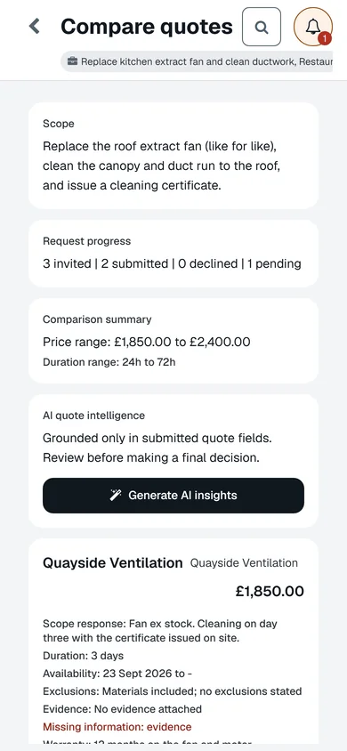 Compare quotes on a phone: the two quotes, best price and fastest.