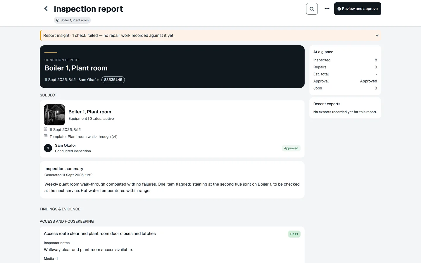 An approved inspection report for Boiler 1, Plant room: ink cover with the report reference, at-a-glance counts, the summary and findings with evidence.