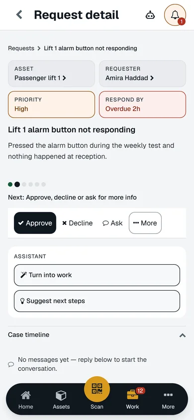 Request detail on a phone: a lift alarm fault waiting for approval, with Approve and Decline.