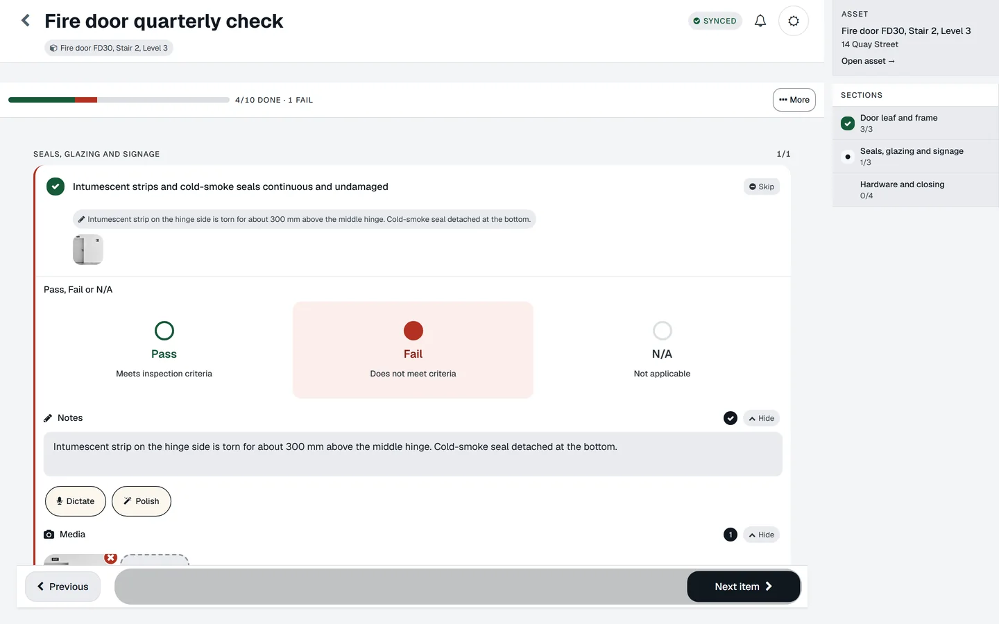 A fire door check in the desktop web app with the sections rail.